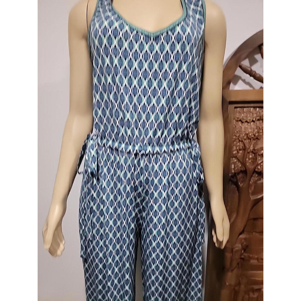 Max Studio GEO Pattern Size L Navy Green Wide Leg Jumpsuit NWT $118 #C - Picture 8 of 14